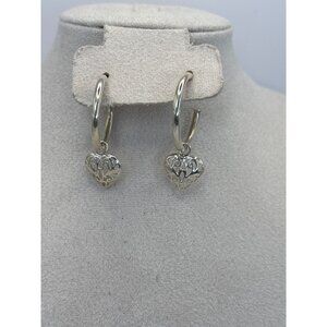 Sterling Silver 925 Stamp Hoop Earrings with Dangle Filigree Heart Charm